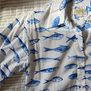 Maeve Anthropologie Blue Fish Pattern Bettina Tiered Shirt Dress